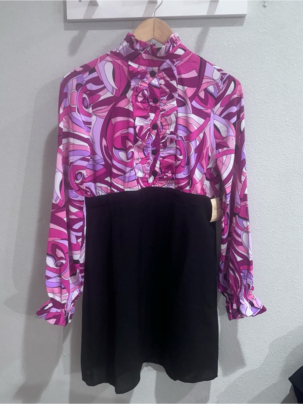 Women's Midi Dress with Pink Swirl Bodice and Black Skirt
